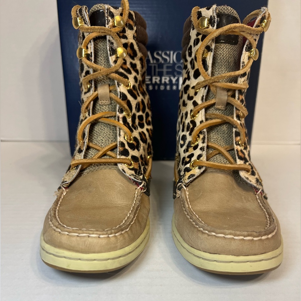 Sperry Topsider Hikerfish Leather Leopard Print Calf Hair Boots. Size 6 With Box - Picture 4 of 13